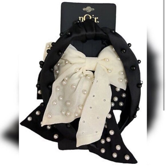 Noir 3-Piece Pearl Headband & Bow Hair Clip Set – Black & Cream – NWT - Picture 2 of 3